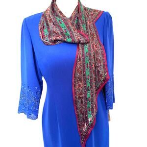 ANNE KLEIN Long Rectangle Scarf 70" x 11" Royal Tones Floral Burgundy Signed